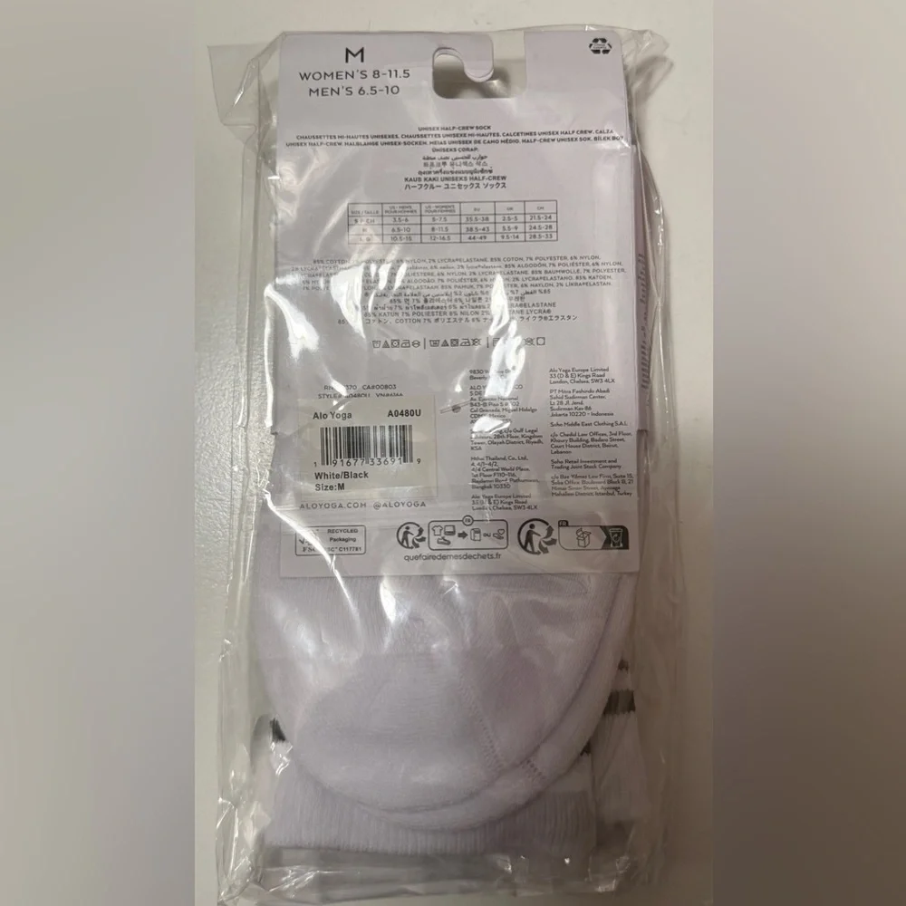 ALO Yoga Half Crew Throwback Socks White Black Unisex-Size Med-NWT - Picture 8 of 10